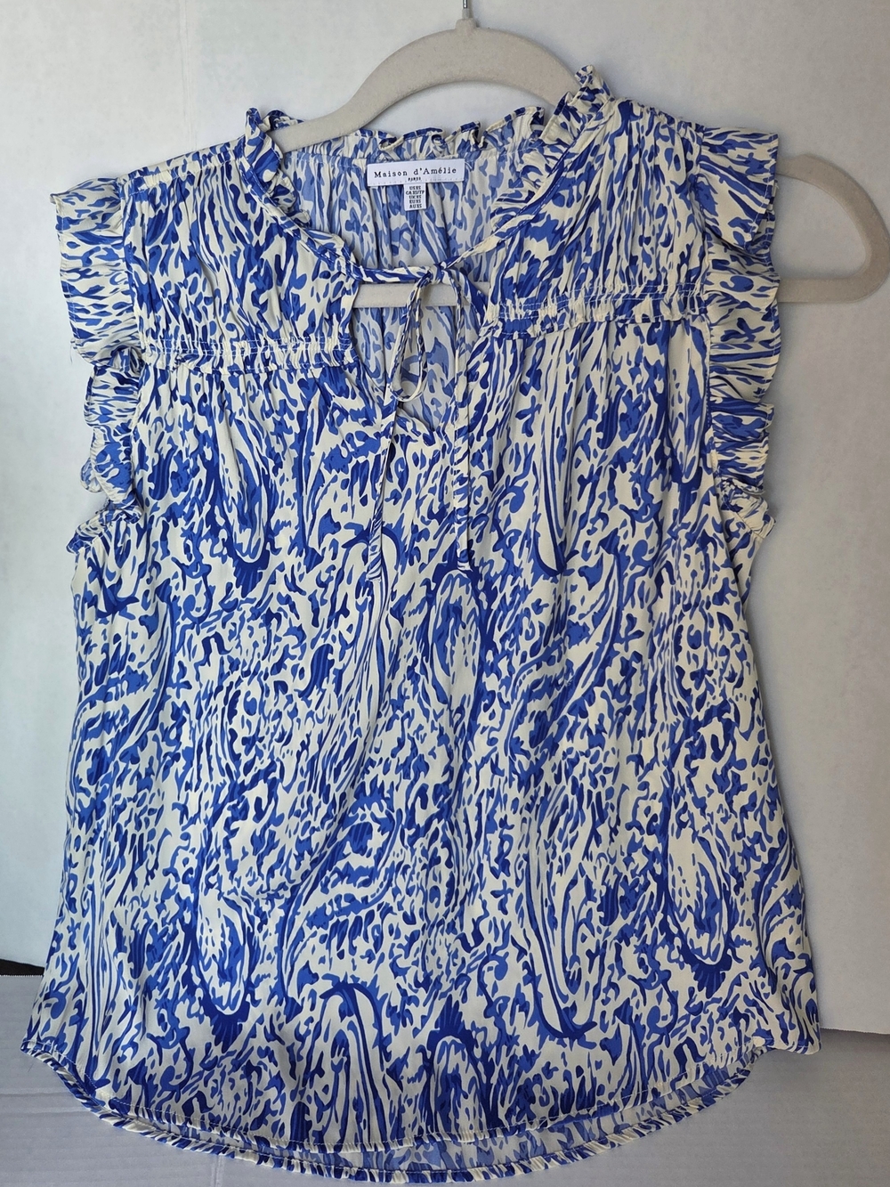 Maison D'Amelie Blue & Cream Ruffle Tie-Neck Sleeveless With Ruffles Blouse XS